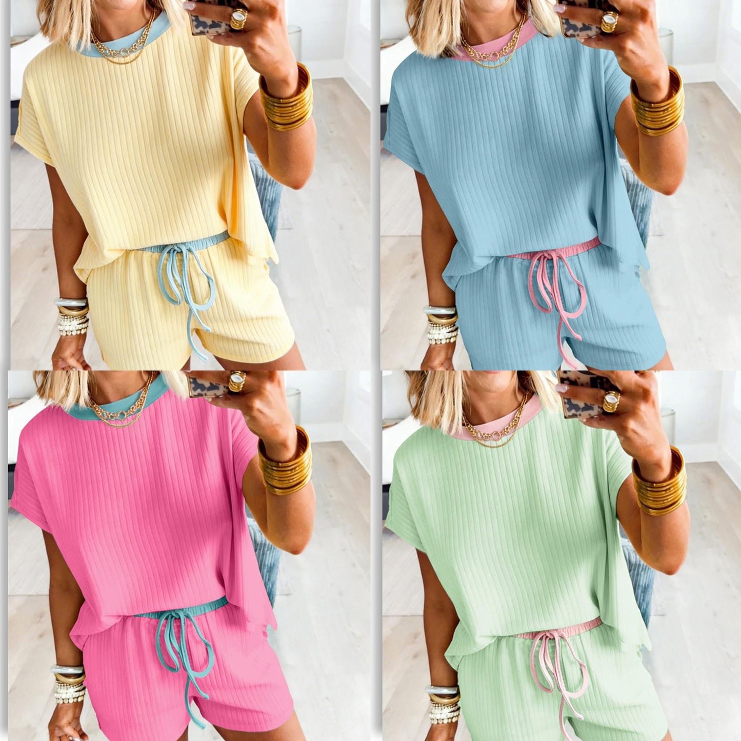 Ribbed Color Block Shorts Sets