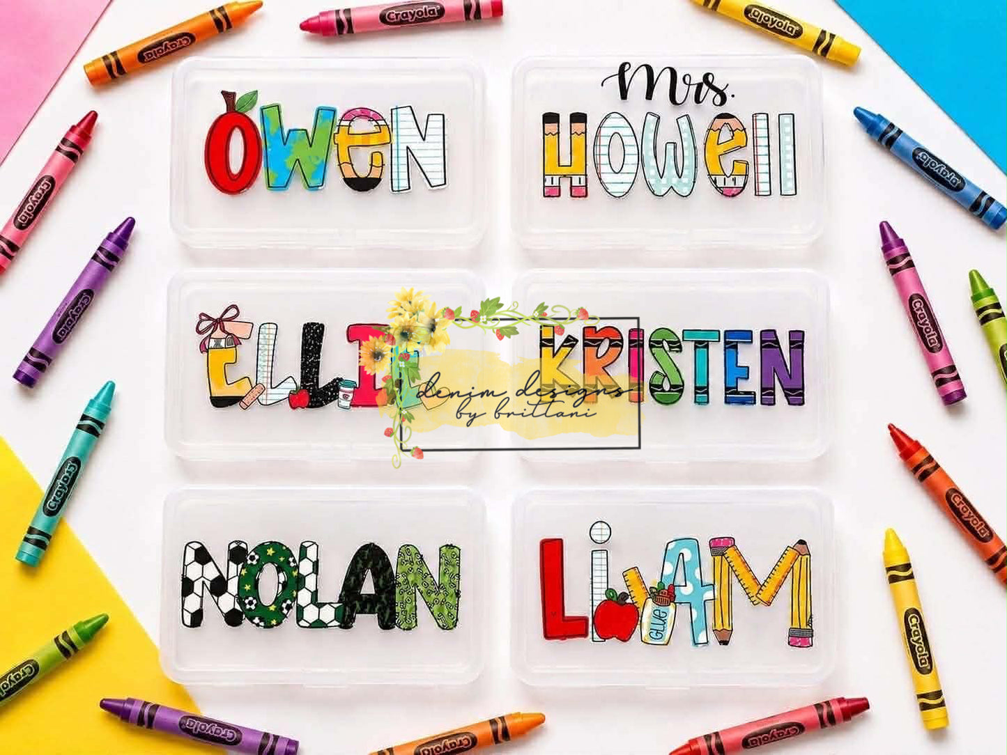 Personalized Folders, Pencil box & Crayon box.