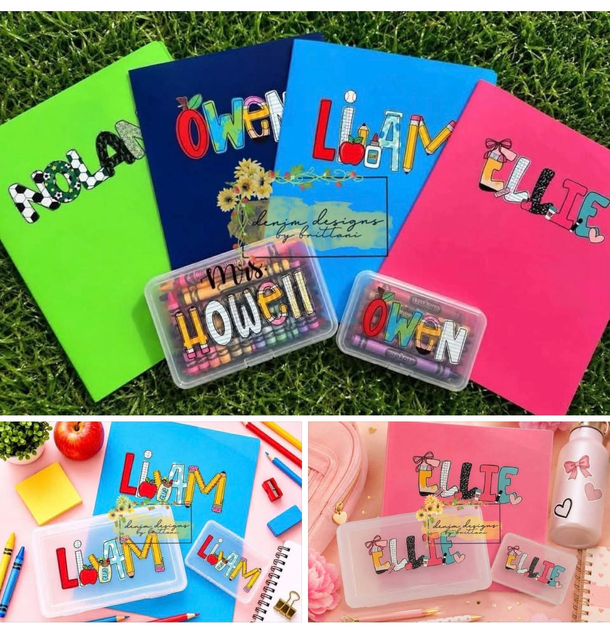 Personalized Folders, Pencil box & Crayon box.