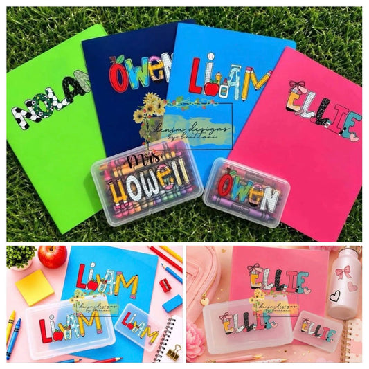 Personalized Folders, Pencil box & Crayon box.
