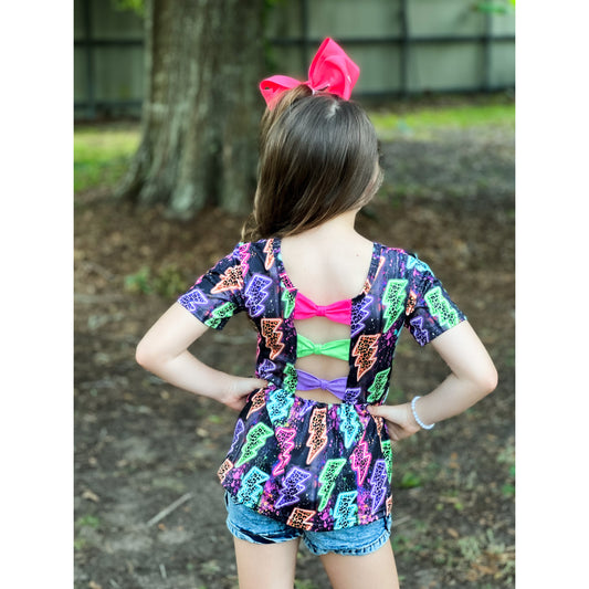 Neon lightning bolt triple bow back peplum